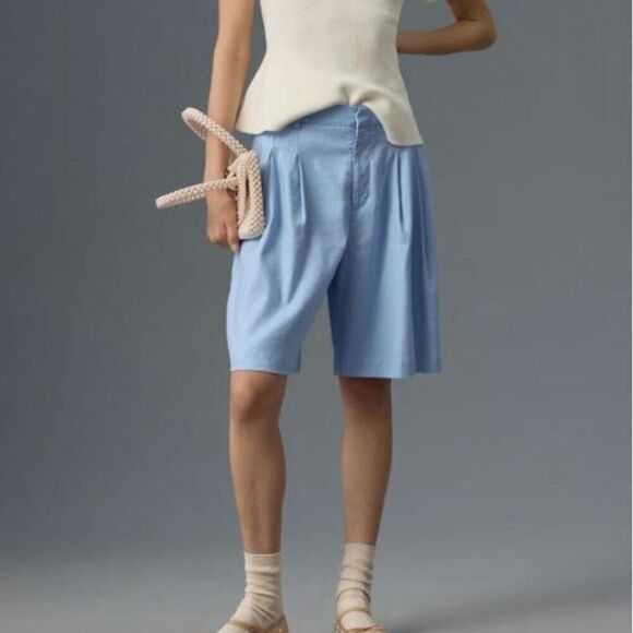 Anthropologie Maeve Avery Linen Blend Blue Pleat Trouser Short NWT Size 8/Medium - Picture 1 of 6